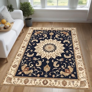 Navy Persian Rug - Classic Oriental Carpet - Traditional Floral Area Rug - Vintage Medallion Rug - Soft Washable Living Room Carpet