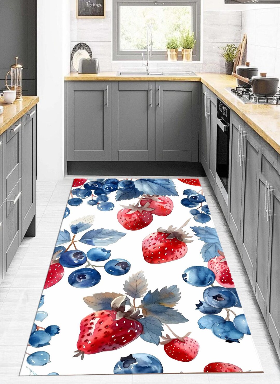 Watercolor Fruit Kitchen Rug – Cute Strawberry & Blueberry Design, Non ...
