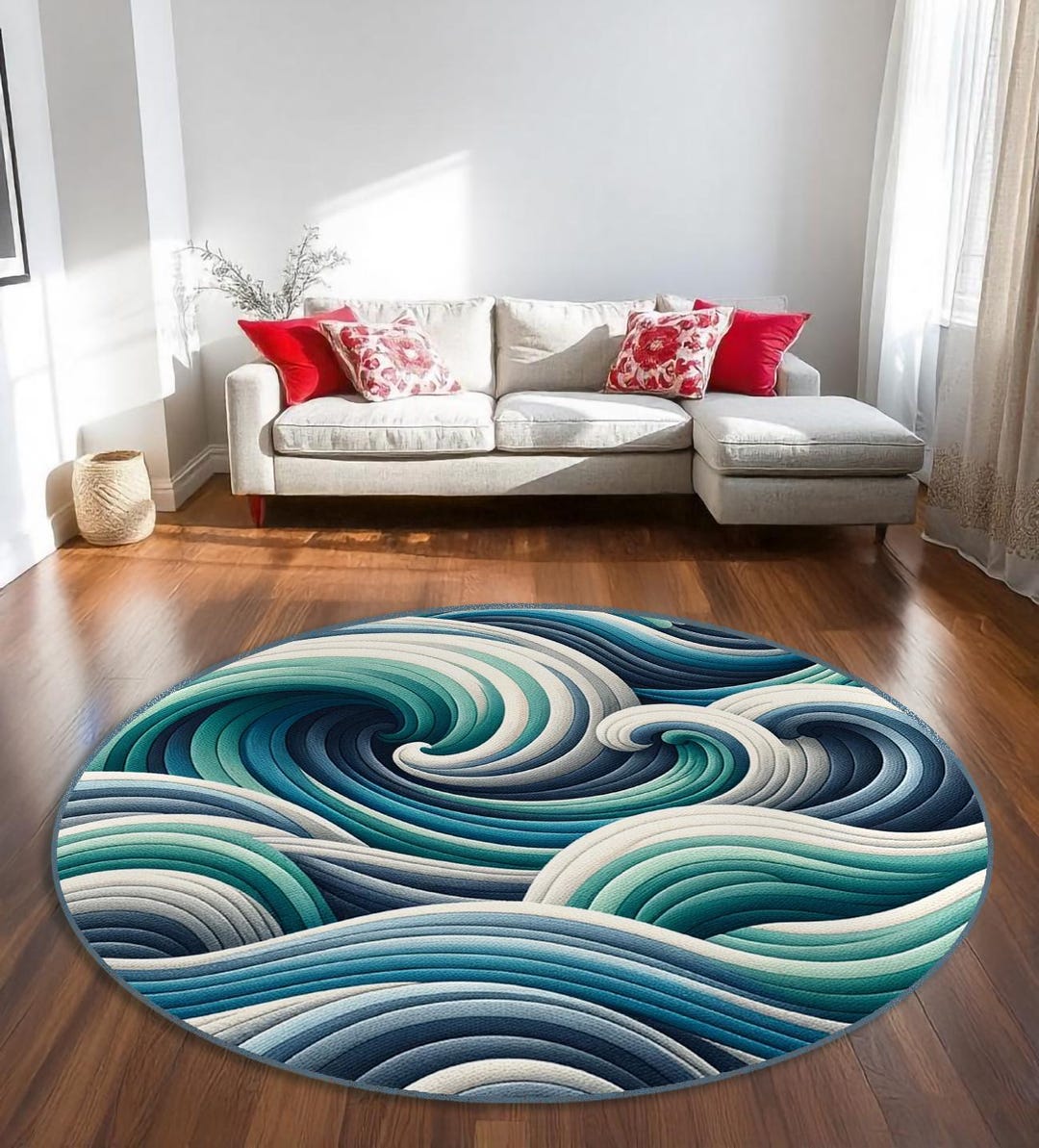 Ocean Waves Round Rug: Coastal Blue Swirl Carpet - Etsy