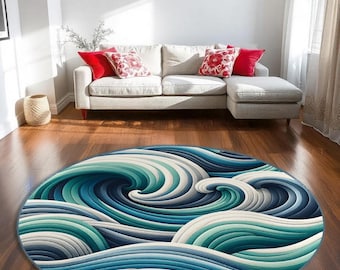 Ocean Waves Round Rug – Coastal Blue Swirl Carpet, Modern Abstract Circle Rug for Living Room & Bedroom