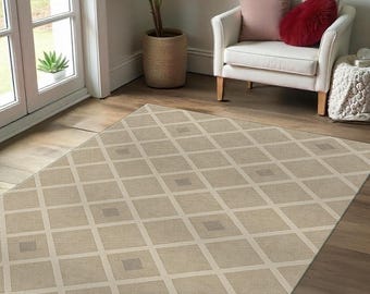 Beige Diamond Grid Rug: Modern Minimalist Area Rug