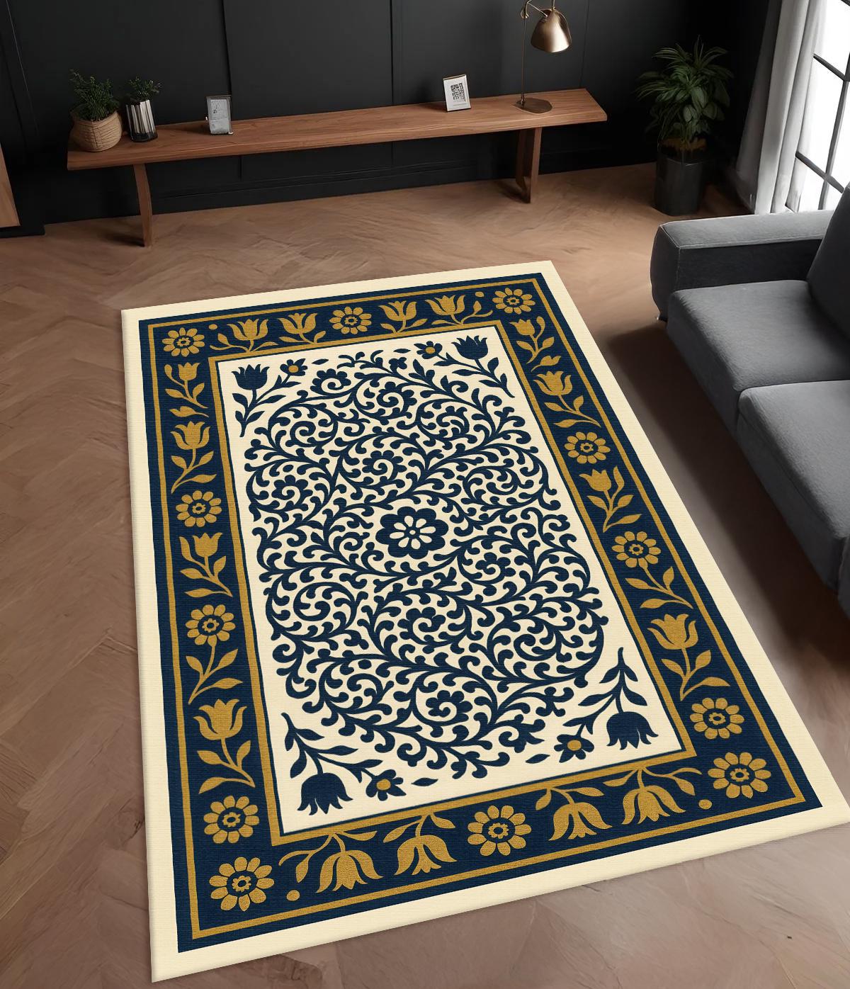 ネイビーブルーの花柄トルコタイルラグ：エレガントなリビングルームの