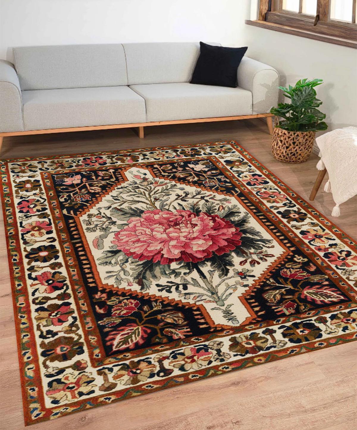 Floral Persian Style Area Rug - Traditional Classic Red & Beige Carpet ...