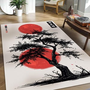 Japanese Zen Art Rug - Traditional Sumi-e Ink Style Carpet - Red Sun & Bonsai Tree Mat - Samurai Aesthetic Decor - Minimalist Floor Art