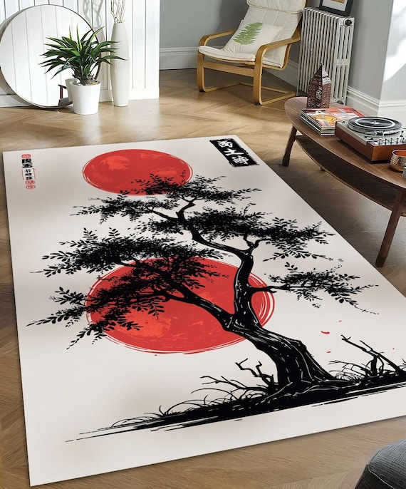 Japanese Zen Rug: Sumi-e Bonsai Tree & Red Sun Art