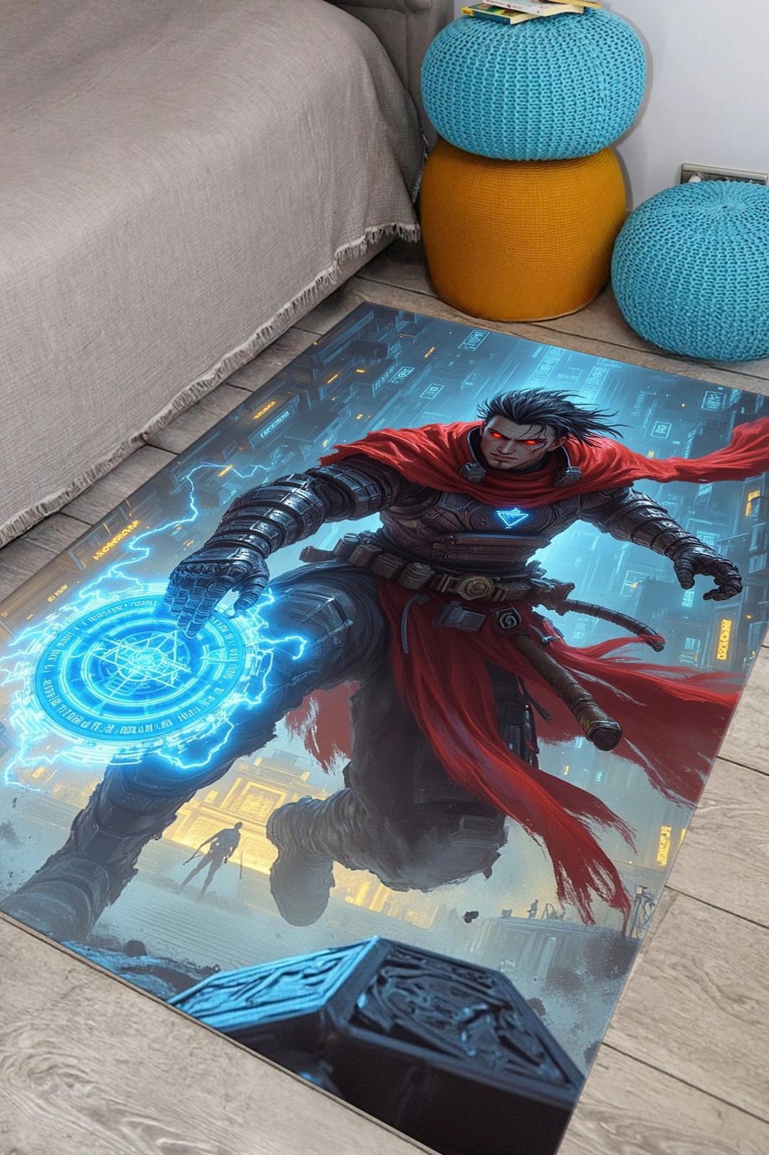 Cyberpunk Warrior Rug - Fantasy Action Hero Carpet - Gamer Room Decor ...