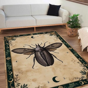 Gothic Beetle Rug - Insect Themed Carpet - Dark Boho Mystic Decor - Antique Botanical Art Mat for Living Room & Bedroom