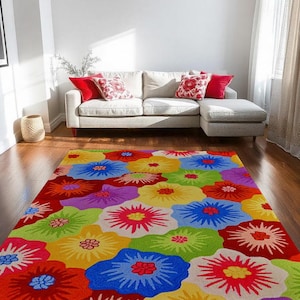 Tapis coloré pour enfants - Tapis floral ludique - Tapis lumineux pour chambre de bébé - Tapis antidérapant lavable pour salle de jeux - Décoration vibrante pour chambre d&#39;enfant