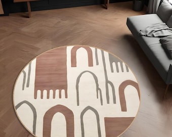 Tappeto rotondo ad arco astratto: tappetino da pavimento minimalista boho beige marrone
