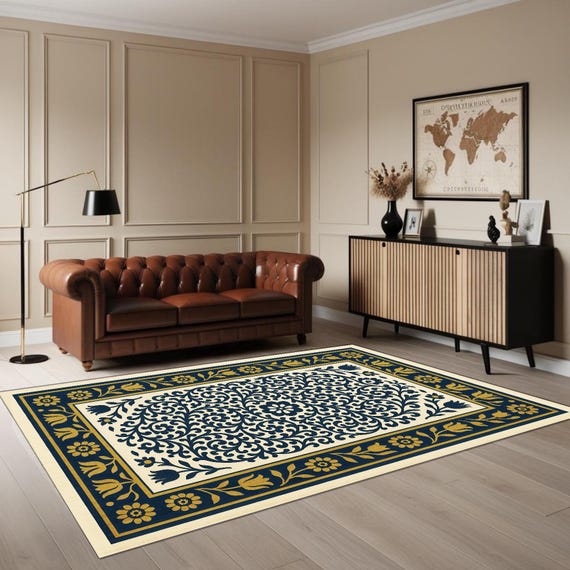 ネイビーブルーの花柄トルコタイルラグ：エレガントなリビングルームの