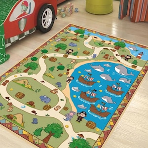 Tapis enfant pirate aventure - tapis de jeu carte au trésor - dessin animé amusant océan et île - tapis antidérapant lavable pour salle de jeux ou chambre d'enfant