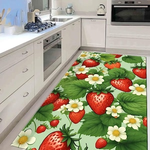 Strawberry Floral Kitchen Rug – Modern Thin Carpet - Vibrant Fruit Flower Design, Red Green Farmhouse Style Mat for Cheerful Cooking Spaces