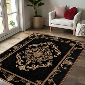 Round Baroque Rug Black and Gold Baroque Rug - Elegant Ornate Vintage Style - Etsy