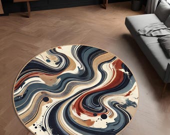 Modern Abstract Round Rug – Swirl Art Design, Luxury Contemporary Area Carpet, Bold Navy & Terracotta Circular Rug for Living Room