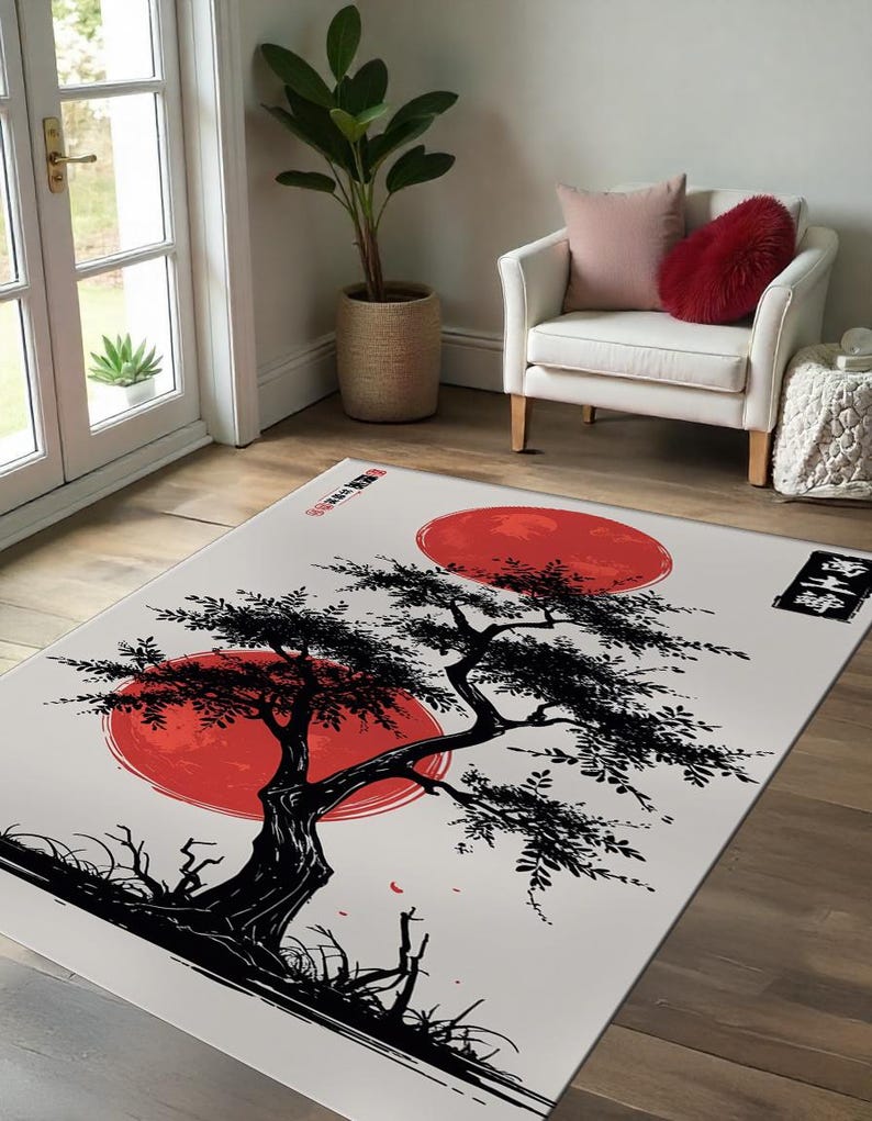 Inspired by Japanese Sumi-e ink art, this stunning Zen-inspired rug brings the beauty of traditional Japanese culture into your home. Featuring a bold red sun (Hinomaru), a graceful bonsai tree, and elegant brushwork, this rug reflects harmony, balance, and simplicity—the essence of Zen aesthetics.