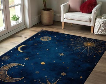 天体ラグ：深い青と金の月と星、洗える宇宙カーペット - Etsy 日本