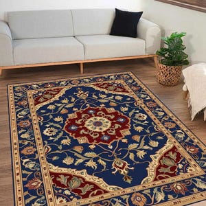 Blue Persian Printed Area Rug - Traditional Oriental Style Floral Carpet, Vintage-Inspired Living Room & Bedroom Rug - Soft Washable Elegant