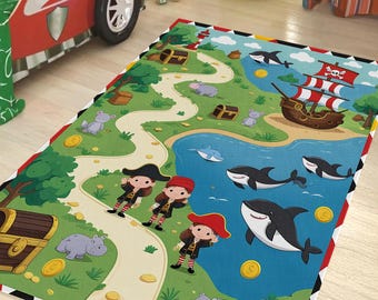 Pirate Adventure Kids Rug: Treasure Map Play Mat, Non-Slip & Washable