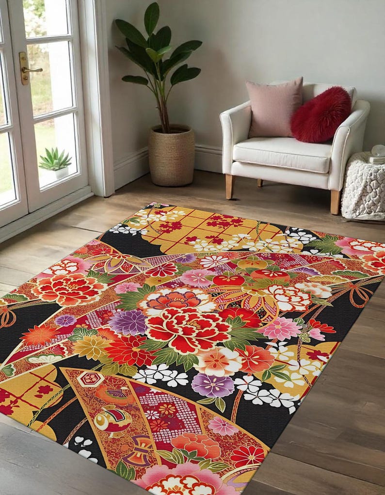 Japanese Rug Runner Japanese Floral Rug – Kimono-inspired Oriental Area Rug - Etsy