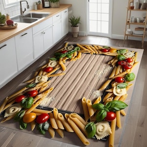 Italian Pasta Kitchen Rug - Realistic Pasta Tomato Design - Cozy Farmhouse & Foodie Kitchen Decor - Non-Slip Rustic Floor Mat