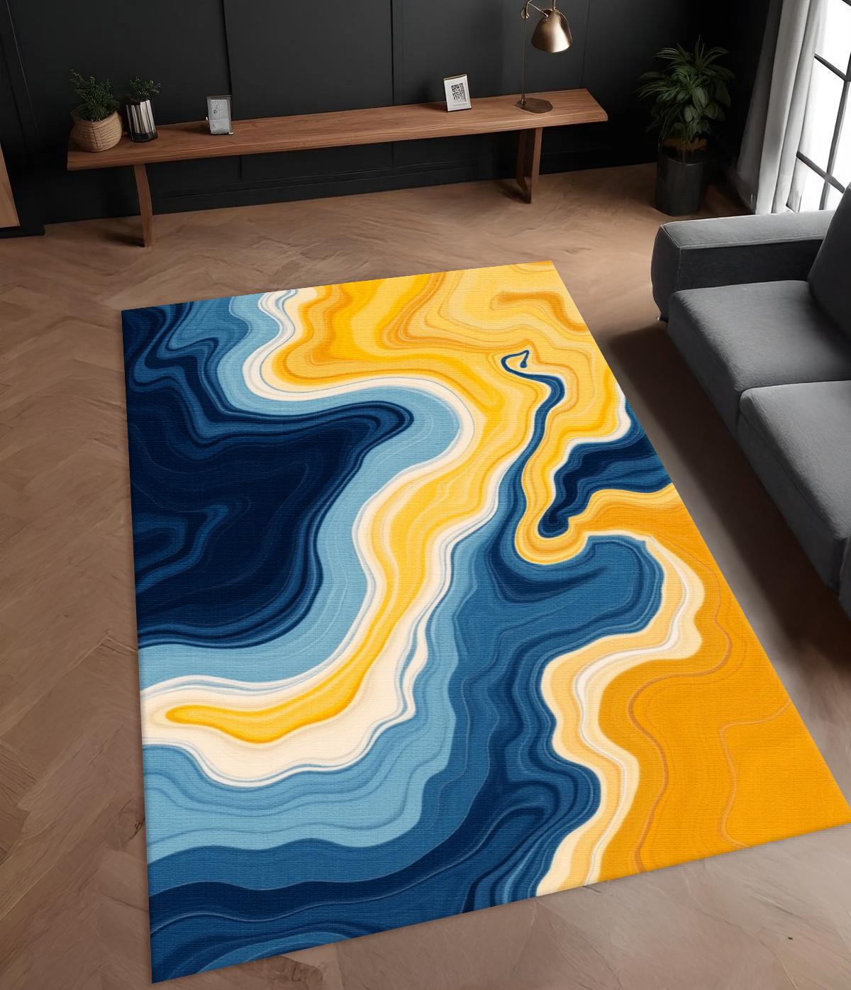 Abstract Wave Art Rug: Yellow, Blue, Boho Home Decor - Etsy