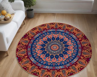 Mandala Round Rug – Bohemian Persian Style  Carpet for Living Room, Bedroom, Colorful Oriental Circular Area Rug, Elegant Medallion Décor
