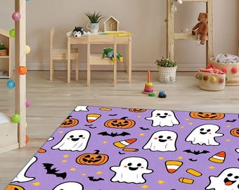 ハロウィンキッズラグ – 幽霊とカボチャが描かれた紫色の子供部屋用デコレーション