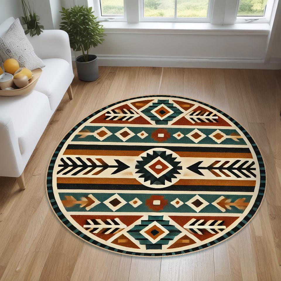 Southwestern Round Rug – Boho Tribal Area Carpet, Rustic Native American-Inspired Mat, Geometric Aztec Design for Living Room & Bedroom