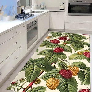 Berry Kitchen Rug Vintage Style - Lush Raspberry & Leaf Design - Farmhouse Cottagecore Kitchen Decor - Non-Slip Cozy Floor Mat