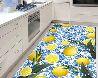 Lemon Kitchen Rug: Mediterranean Blue Tile, Washable Non-Slip Carpet