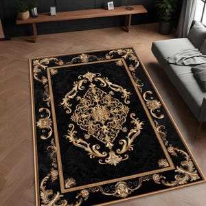 Luxury Rug Black Gold - Baroque Style Ornate Carpet - Elegant Vintage Design - Soft Washable Area Mat for Living Room & Dining Room