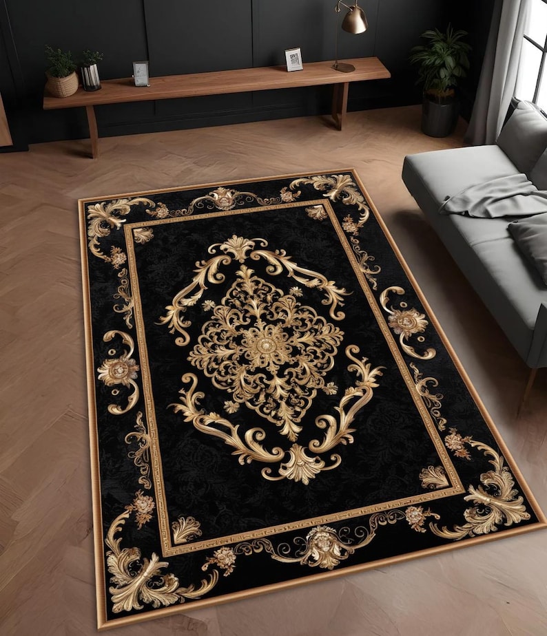 Luxury Rug Black Gold - Baroque Style Ornate Carpet - Elegant Vintage ...