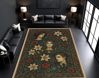 May include: A large rectangular area rug with a floral and portrait design. The rug features a dark green background with red poppies, white lilies, and portraits of three people. The border is a light beige.