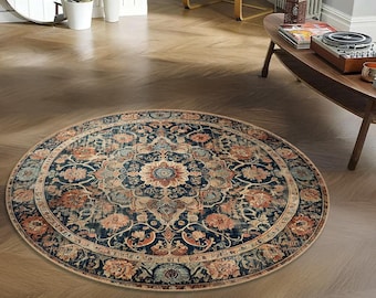 Round Persian Rug Vintage-Style – Distressed Medallion Design, Blue & Beige – Traditional Oriental Look, Living Room Bedroom Decor