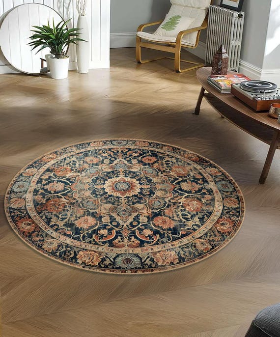 Runder Perserteppich: Blau Beige Medaillon, Vintage Stil