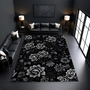 Black and White Gothic Rose Rug – Dark Floral Aesthetic Carpet for Living Room & Bedroom – Vintage-Inspired Elegant Floral Decor