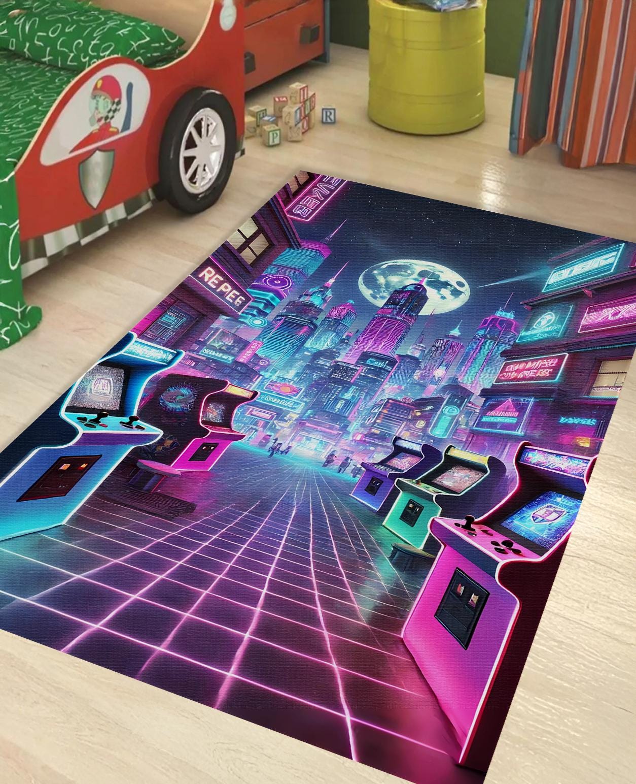 Cyperpunk Rug Cyberpunk Gaming Rug: Neon Arcade Cityscape, Soft Durable Floor Mat - Etsy