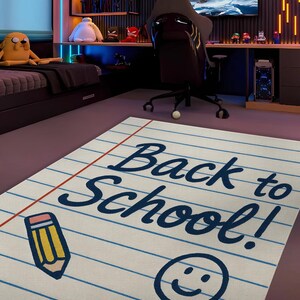 Classroom rug with lined notebook paper design, adding playful school-inspired decor to children’s spaces.
