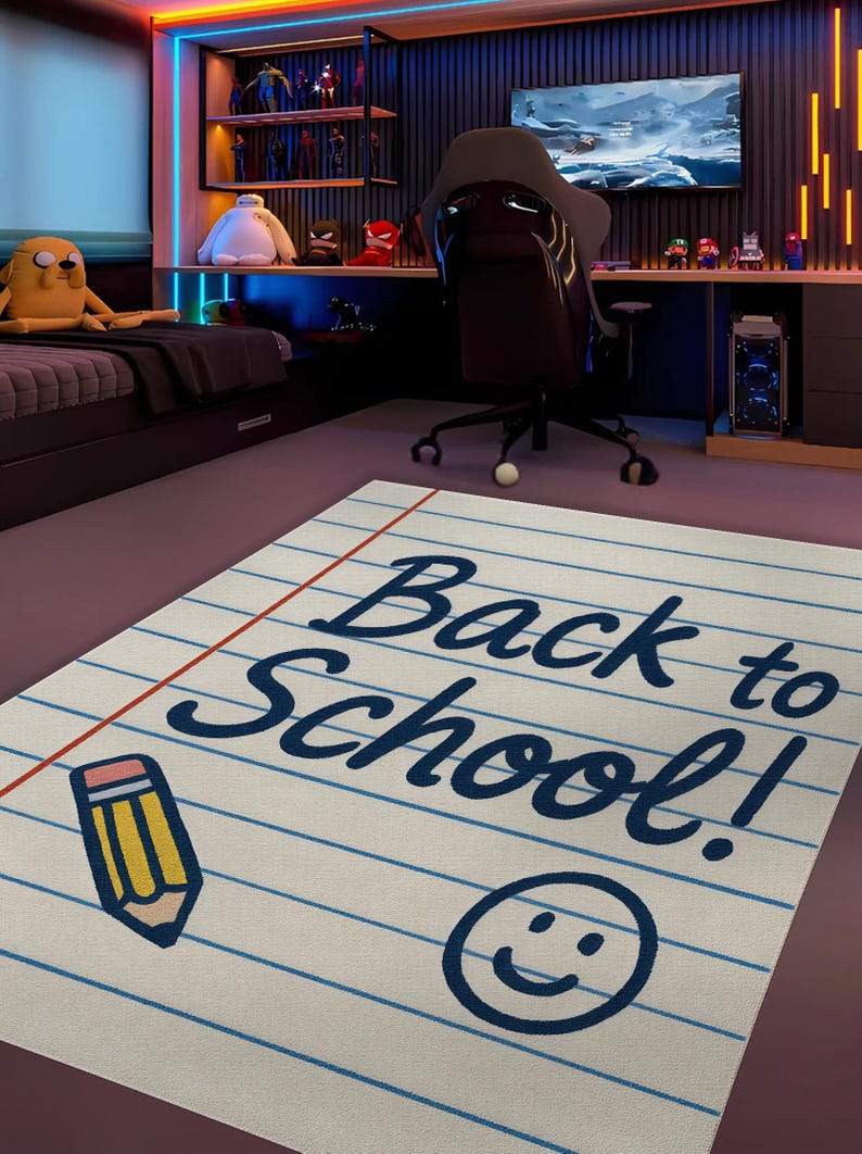 Classroom rug with lined notebook paper design, adding playful school-inspired decor to children’s spaces.