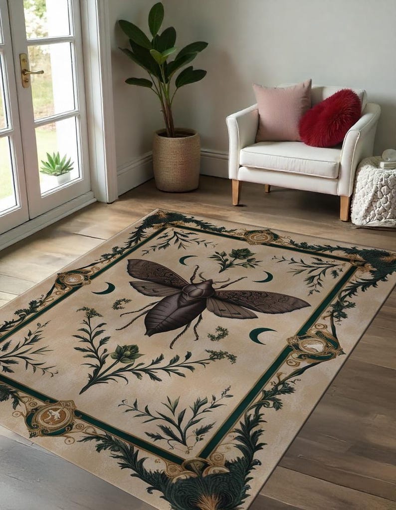 Gothic Moth Rug: Vintage Botanical Art, Dark Academia Decor - Etsy