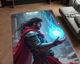 Fantasy Warrior Rug: Epic Mage Knight Battle Scene