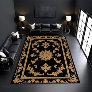 Black Gold Baroque Style Rug – Luxury Rococo-Inspired Thin Print Carpet with Golden Floral Medallion Design, Elegant Gothic Living Room Mat