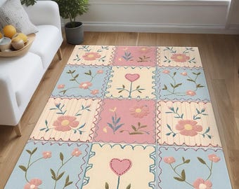Pastel Floral Patchwork Rug: Embroidered-Style Quilt Design