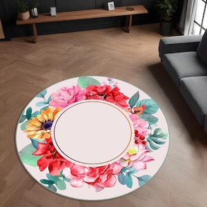 Rond vloerkleed bloemen - aquarel bloemenprint tapijt - wasbaar antislip cirkelkleed voor woonkamer, slaapkamer, kinderkamer en hal