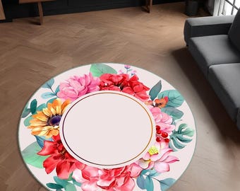 Rund matta med akvarellmotiv och blommotiv: Halkfri, tvättbar blommatta