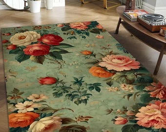 Floral Area Rug - Vintage Botanical Design, Non-Slip Cottagecore Style