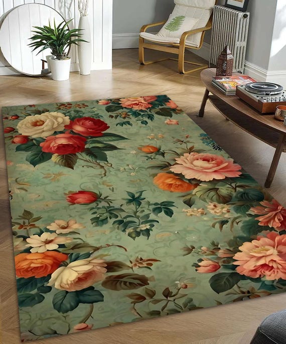 Floral Area Rug - Vintage Botanical Design, Non-Slip Cottagecore Style