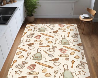 Cream Kitchen Rug – Baking Tools Pattern, Chef Decor