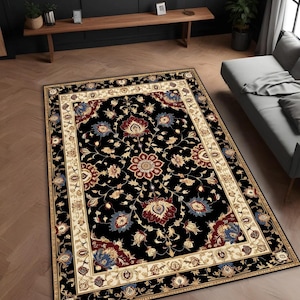 Black Persian Inspired Rug - Oriental Style Carpet - Traditional Floral Design Rug - Vintage Style Area Rug - Washable Soft Living Room Rug