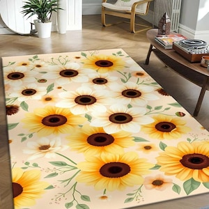 Sunflower Rug - Rustic Floral Area Rug for Living Room & Bedroom - Cozy Farmhouse Decor - Yellow Daisy Carpet - Boho Botanical Floor Mat